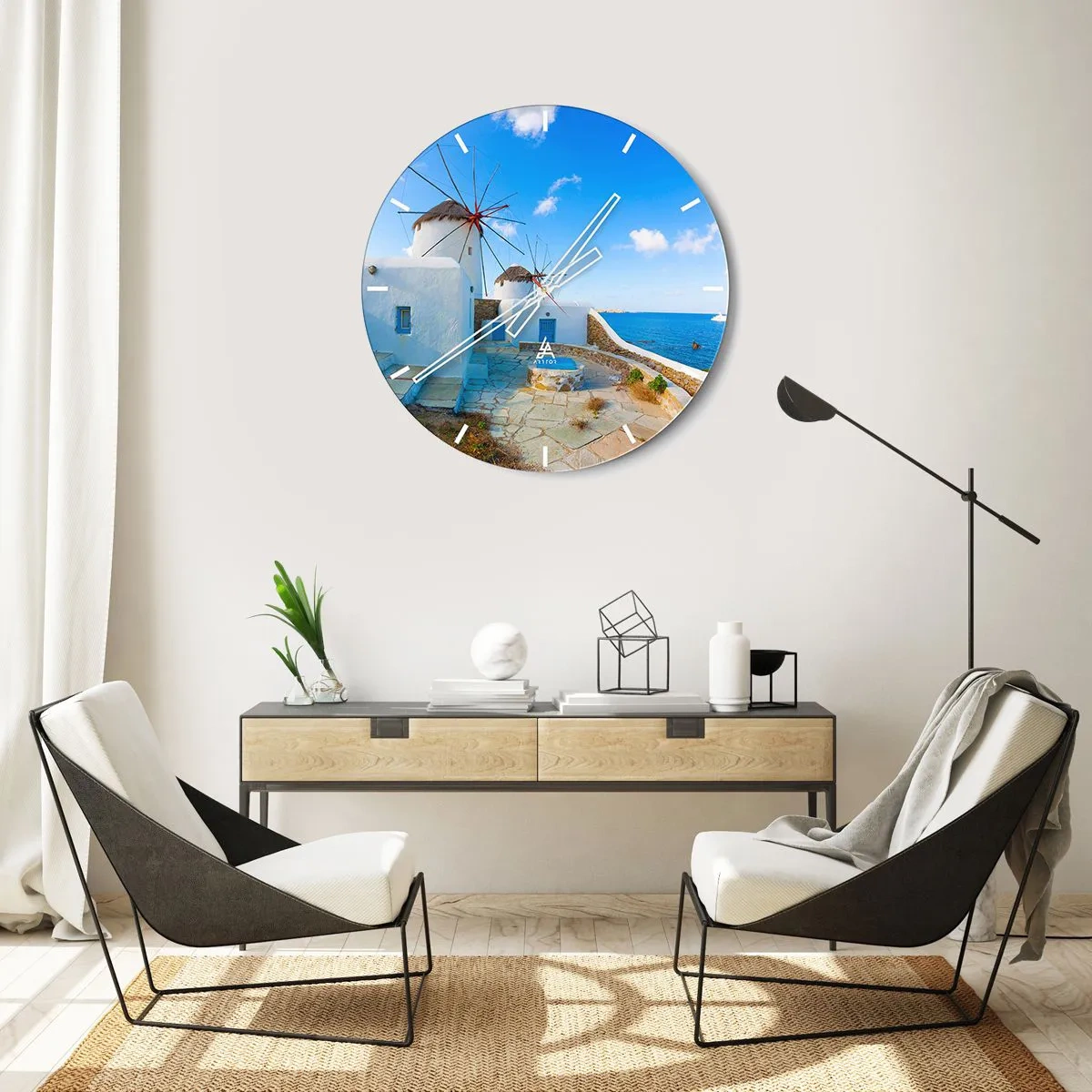 Wanduhr - Glasuhr - Eine Windmühle vor dem blauen Himmel und Meer auf einer griechischen Insel - 30x30cm - Der blaue Wind vom Meer - Moderne Wanddekoration für Wohnzimmer, Küche und Schlafzimmer ARTTOR