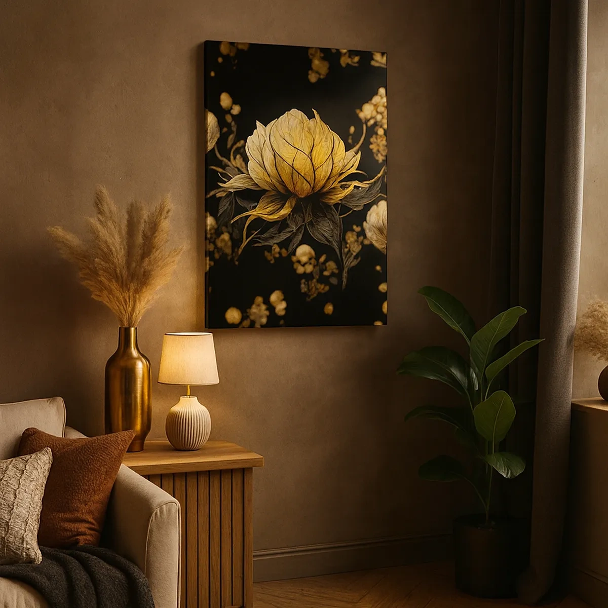 Bild auf Leinwand - Leinwandbild - Goldene Blume auf dunklem Hintergrund - 50x70cm - Subtile Zerbrechlichkeit - Moderne Wanddekoration für Wohnzimmer und Schlafzimmer ARTTOR