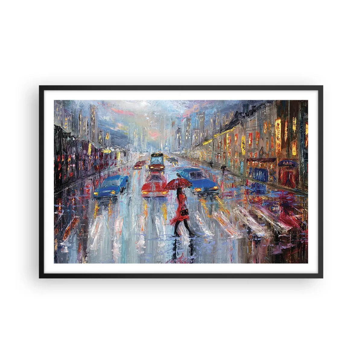 Poster in einem schwarzem Rahmen - Regnerischer Nachmittag in der Stadt - 91x61 cm