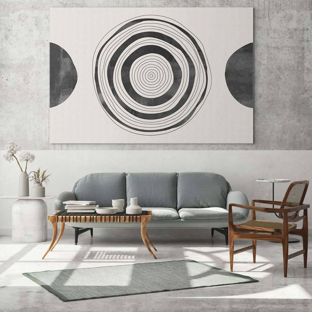 Glasbild - Bild auf glas - Schwarz-weißes abstraktes Muster mit konzentrischen Kreisen - 70x50cm - Wichtig ist, was dazwischen liegt - Moderne Wanddekoration für Wohnzimmer und Schlafzimmer ARTTOR