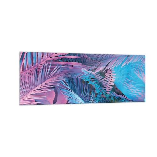 Glasbild - Bild auf glas - Tropische Blätter in Rosa- und Blautönen - 140x50cm - Tropen in Rosa und Blau - Moderne Wanddekoration für Wohnzimmer und Schlafzimmer ARTTOR