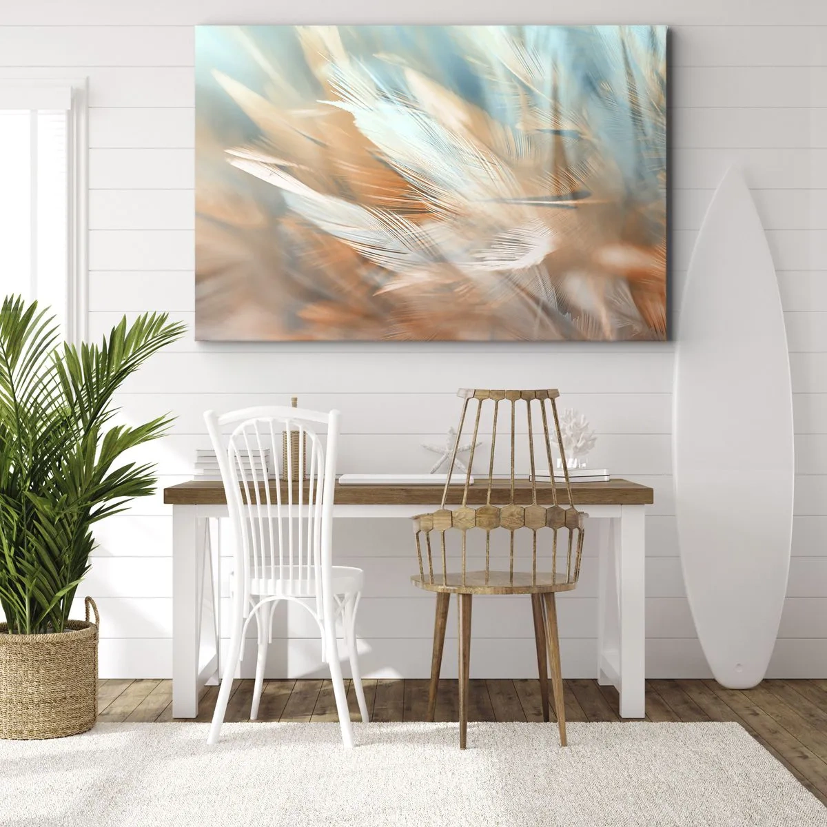 Bild auf Leinwand - Leinwandbild - Zarte Federn in Pastelltönen von Blau und Orange - 120x80cm - Im Land der Sanftmut - Moderne Wanddekoration für Wohnzimmer und Schlafzimmer ARTTOR