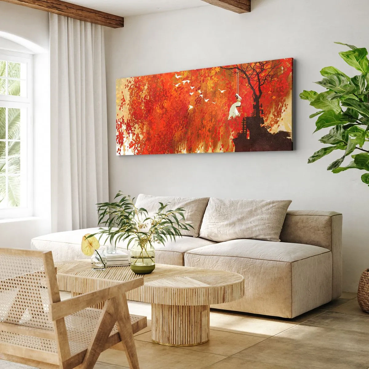 Bild auf Leinwand - Leinwandbild - Eine Figur auf einer Schaukel neben einem Baum, umgeben von roten Blättern - 160x50cm - Wird er mit ihnen fliegen? - Moderne Wanddekoration für Wohnzimmer und Schlafzimmer ARTTOR