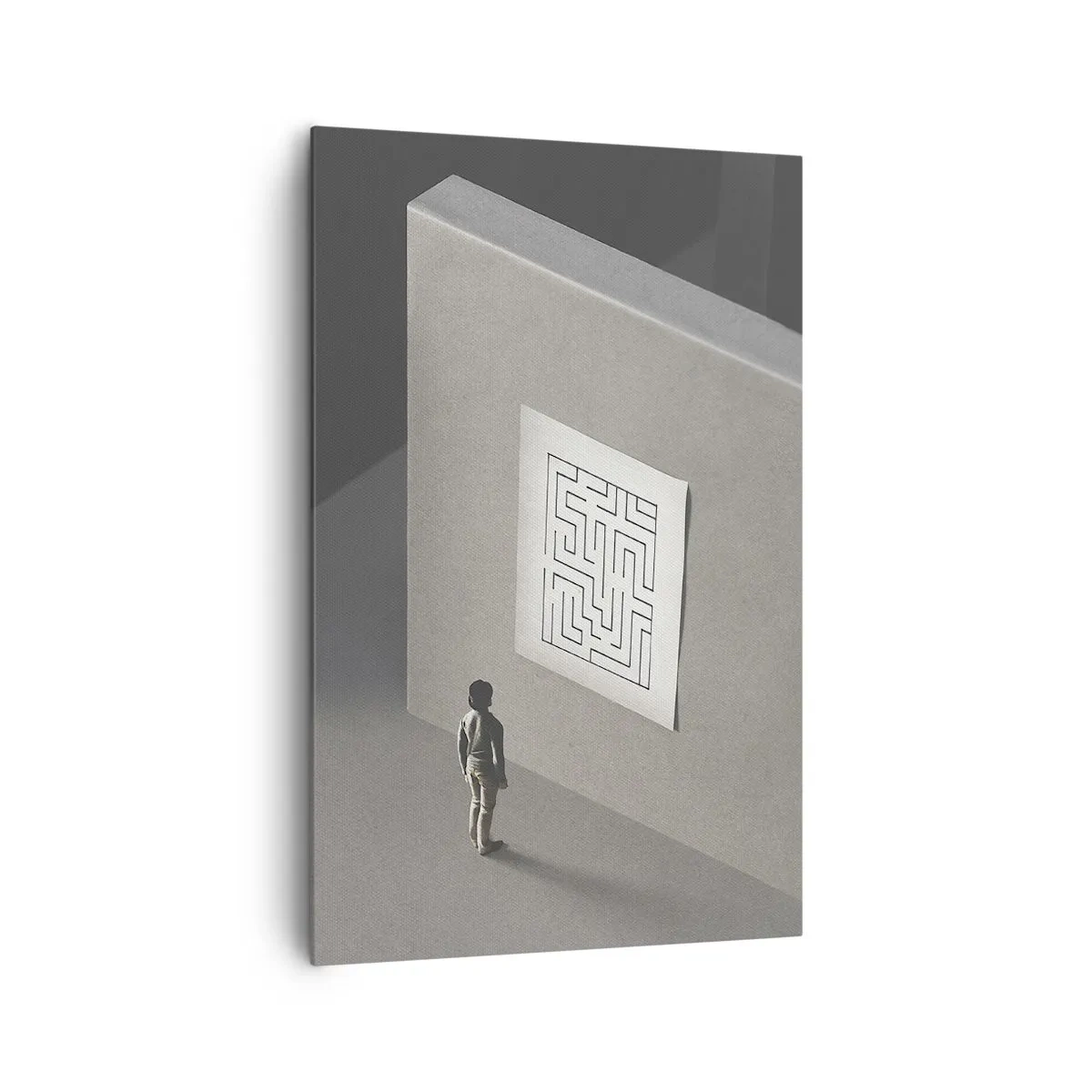 Bild auf Leinwand - Leinwandbild - Eine Figur in einem Labyrinth, die auf eine hängende Karte schaut - 80x120cm - Aber wo bin ich? - Moderne Wanddekoration für Wohnzimmer und Schlafzimmer ARTTOR