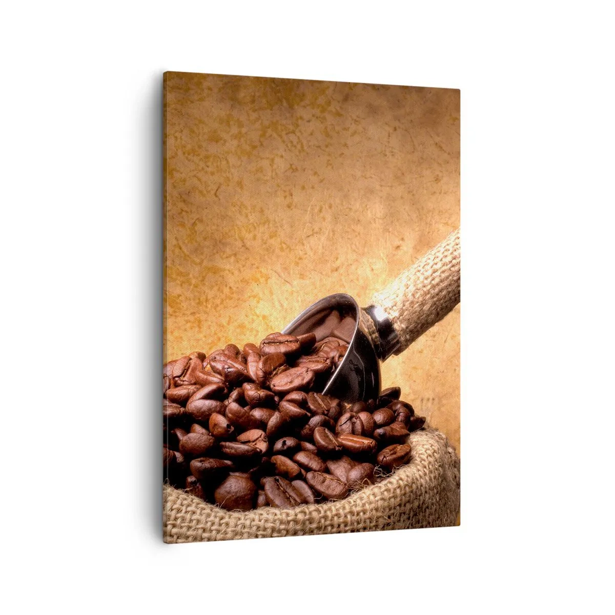 Bild auf Leinwand - Leinwandbild - Kaffeebohnen in einem Jutebeutel mit einem Metalllöffel - 50x70cm - An der Quelle des Geschmacks - Moderne Wanddekoration für Wohnzimmer und Schlafzimmer ARTTOR