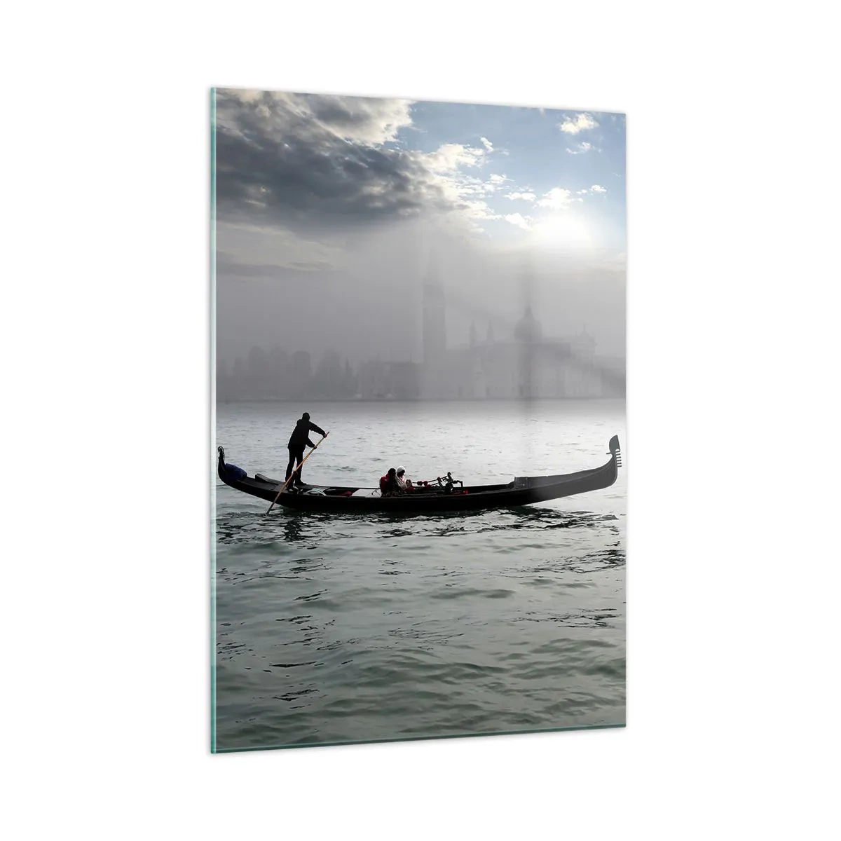 Glasbild - Bild auf glas - Gondel auf den Gewässern von Venedig an einem nebligen Morgen - 50x70cm - Eine fabelhafte Stadt aus Wasser und Nebel - Moderne Wanddekoration für Wohnzimmer und Schlafzimmer ARTTOR