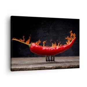 Bild auf Leinwand - Leinwandbild - Feurige rote Paprika auf einer Gabel - 70x50cm - Eine feurige Vorspeise - Moderne Wanddekoration für Wohnzimmer und Schlafzimmer ARTTOR