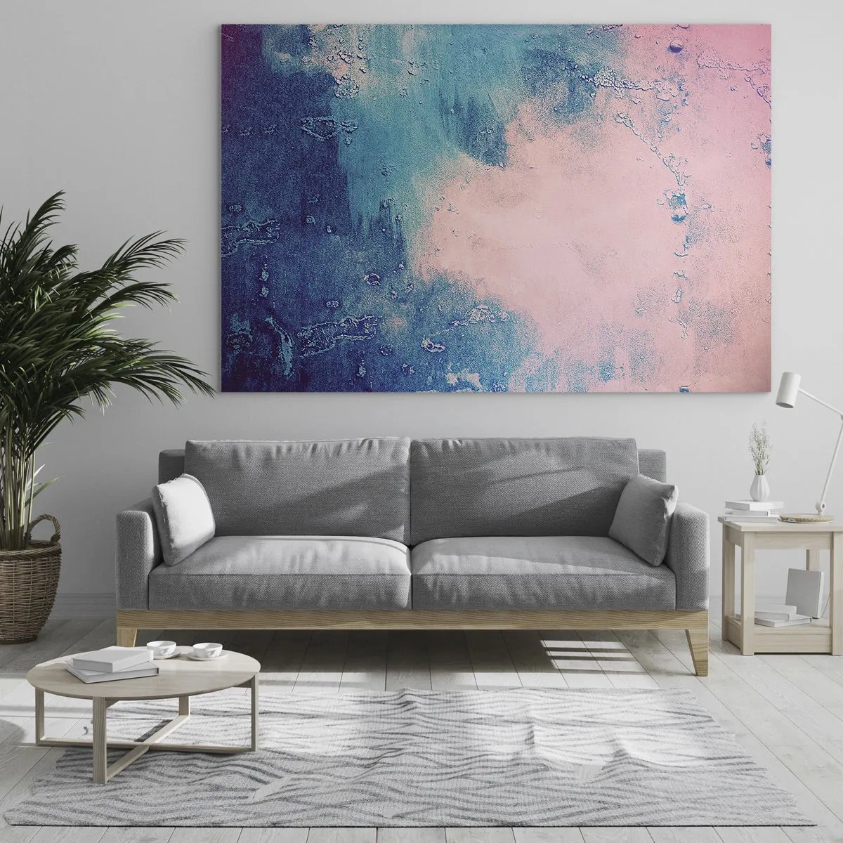 Glasbild - Bild auf glas - Eine abstrakte Kombination aus Blau und Puderrosa mit Textur - 70x50cm - Himmelsblaue Umarmungen - Moderne Wanddekoration für Wohnzimmer und Schlafzimmer ARTTOR
