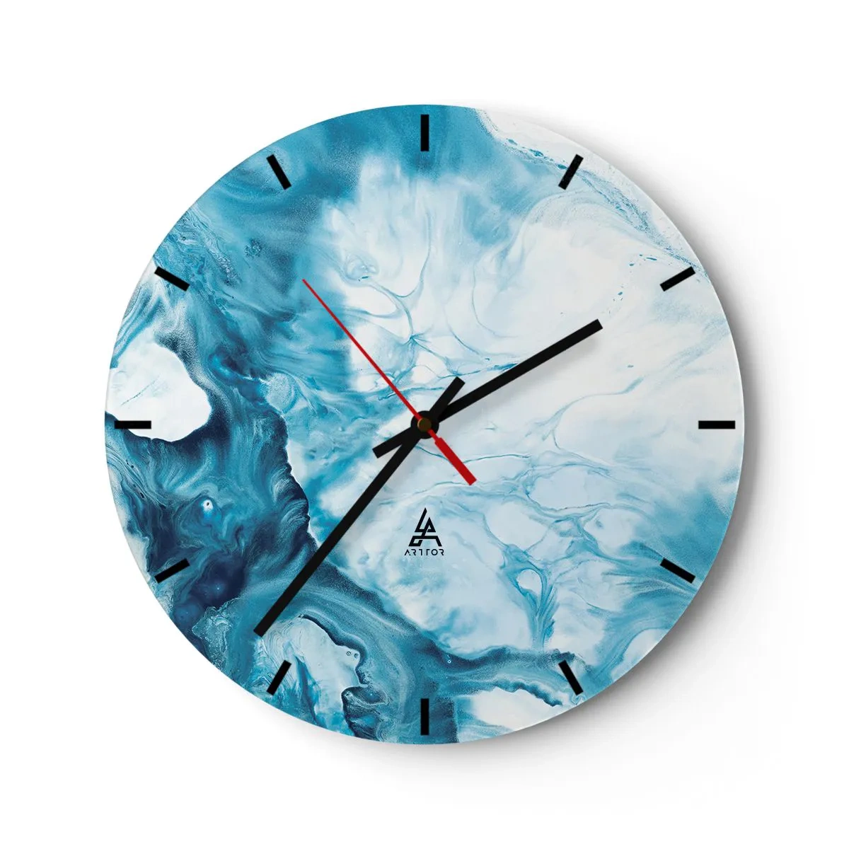 Wanduhr - Glasuhr - Abstrakte blaue Wellen in Weiß- und Türkistönen - 30x30cm - Blaues Konzert - Moderne Wanddekoration für Wohnzimmer, Küche und Schlafzimmer ARTTOR