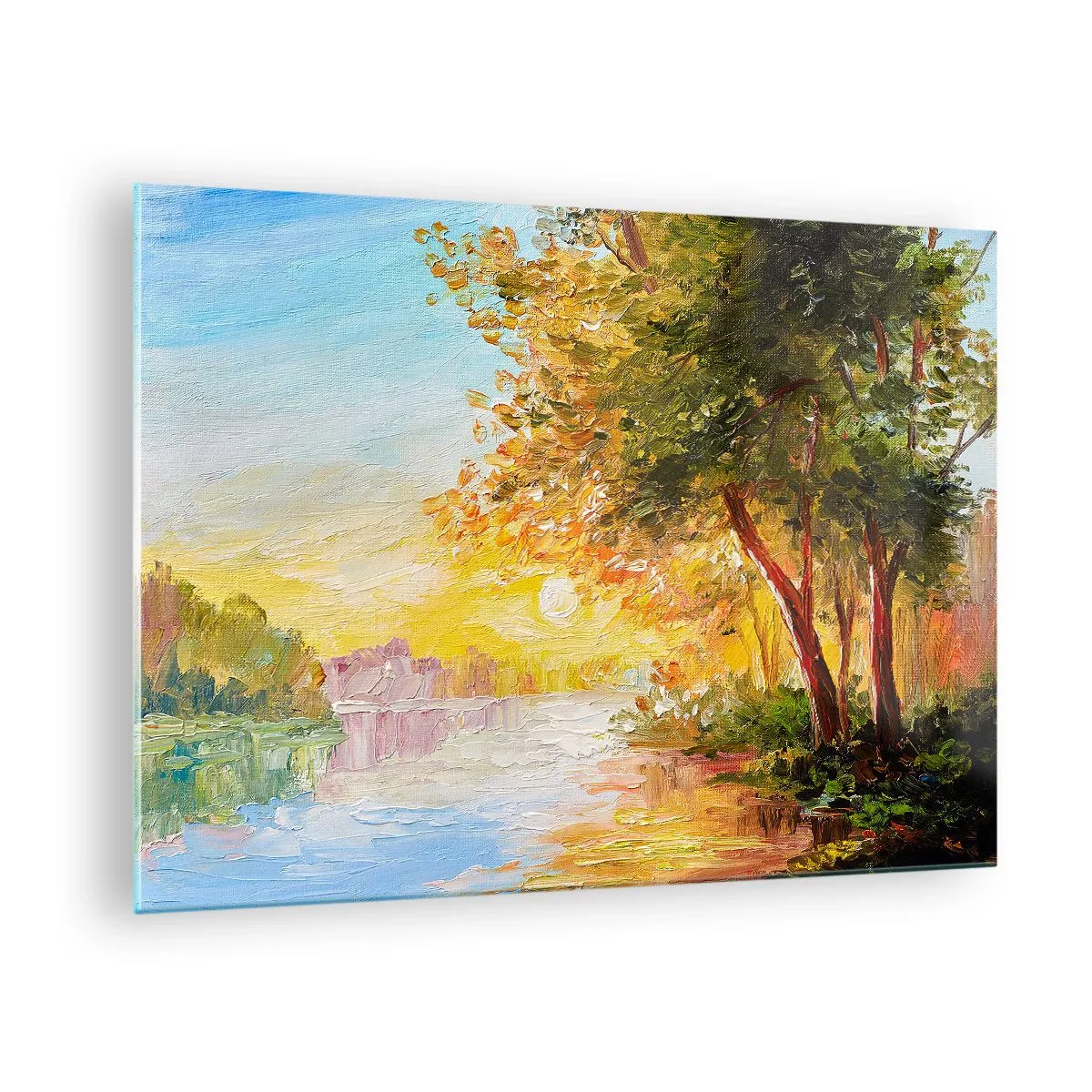 Glasbild - Bild auf glas - See mit Bäumen bei Sonnenuntergang - 70x50cm - Et in Arcadia ego - Moderne Wanddekoration für Wohnzimmer und Schlafzimmer ARTTOR