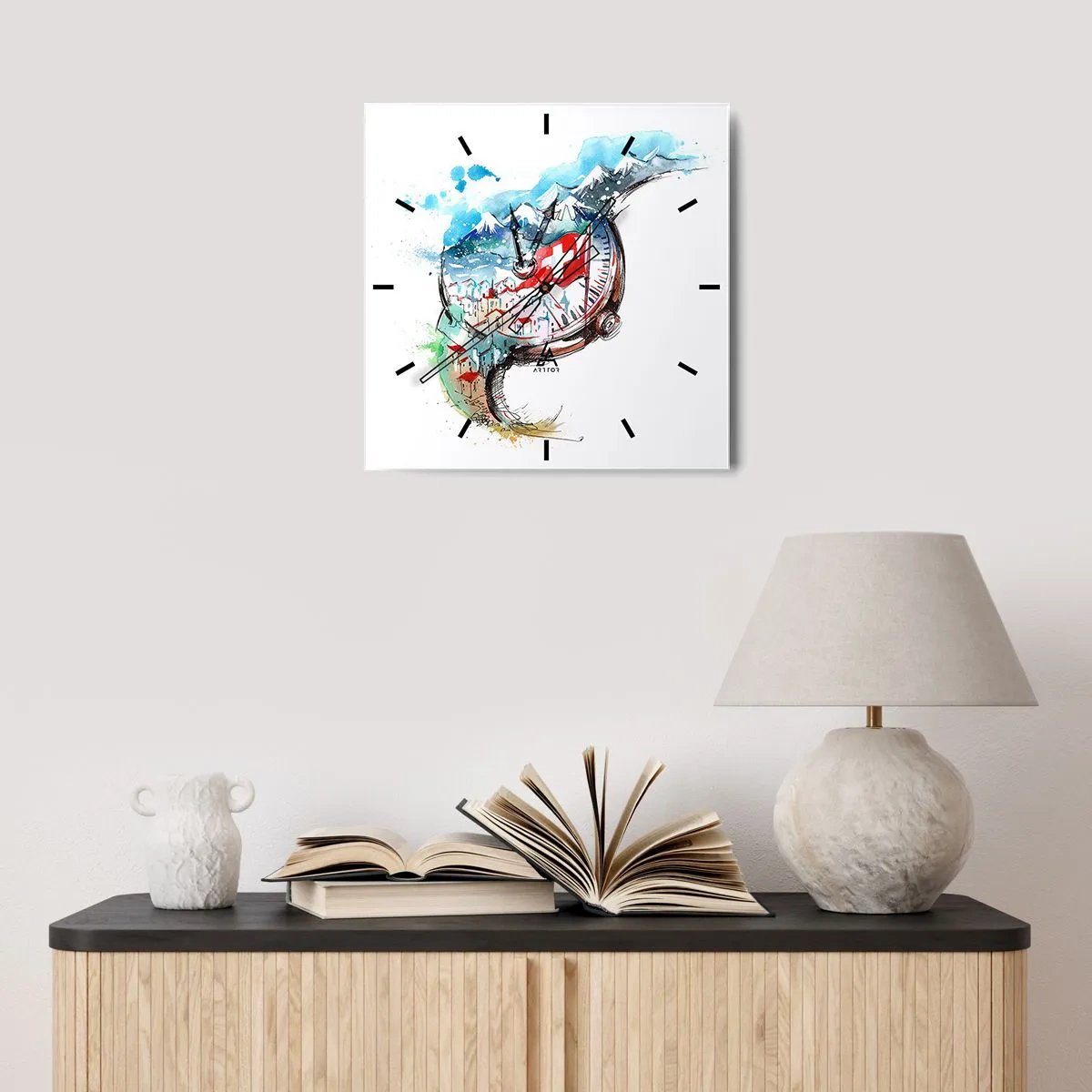 Wanduhr - Glasuhr - Eine Aquarelllandschaft der Schweiz im Uhrwerk-Design - 30x30cm - Der Geist der Schweiz - Moderne Wanddekoration für Wohnzimmer und Schlafzimmer ARTTOR