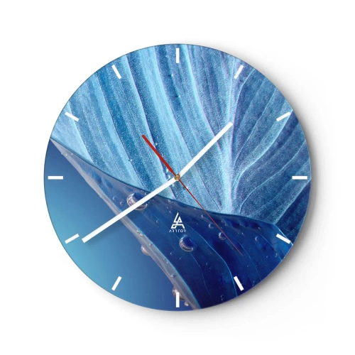 Wanduhr - Glasuhr - Nahaufnahme eines Blattes mit Wassertropfen in Blautönen - 30x30cm - Versteckte Tropfen vom Blau - Moderne Wanddekoration für Wohnzimmer, Küche und Schlafzimmer ARTTOR