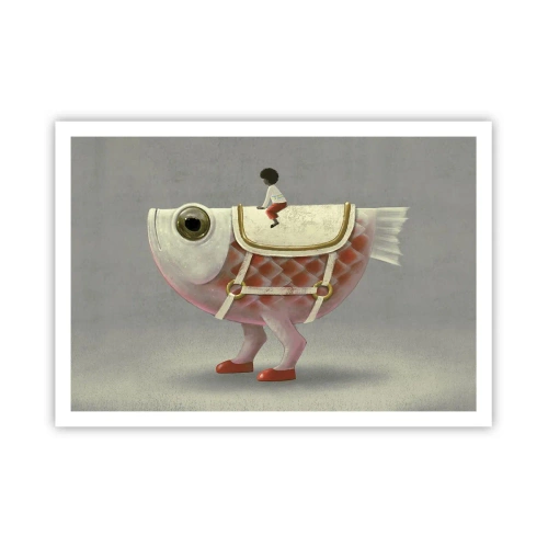Poster - Ein schicker Fischreiter mit Beinen und Sattel - 100x70cm - Reiter auf einem surrealen Fisch - Moderne Wanddekoration für Wohnzimmer und Schlafzimmer ARTTOR
