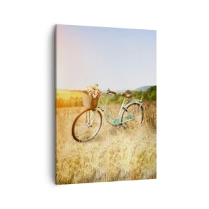 Bild auf Leinwand - Leinwandbild - Ein Retro-Fahrrad mit einem Korb voller Blumen vor einem Wiesenhintergrund. - 50x70cm - Ich bleibe eine Weile hier - Moderne Wanddekoration für Wohnzimmer und Schlafzimmer ARTTOR