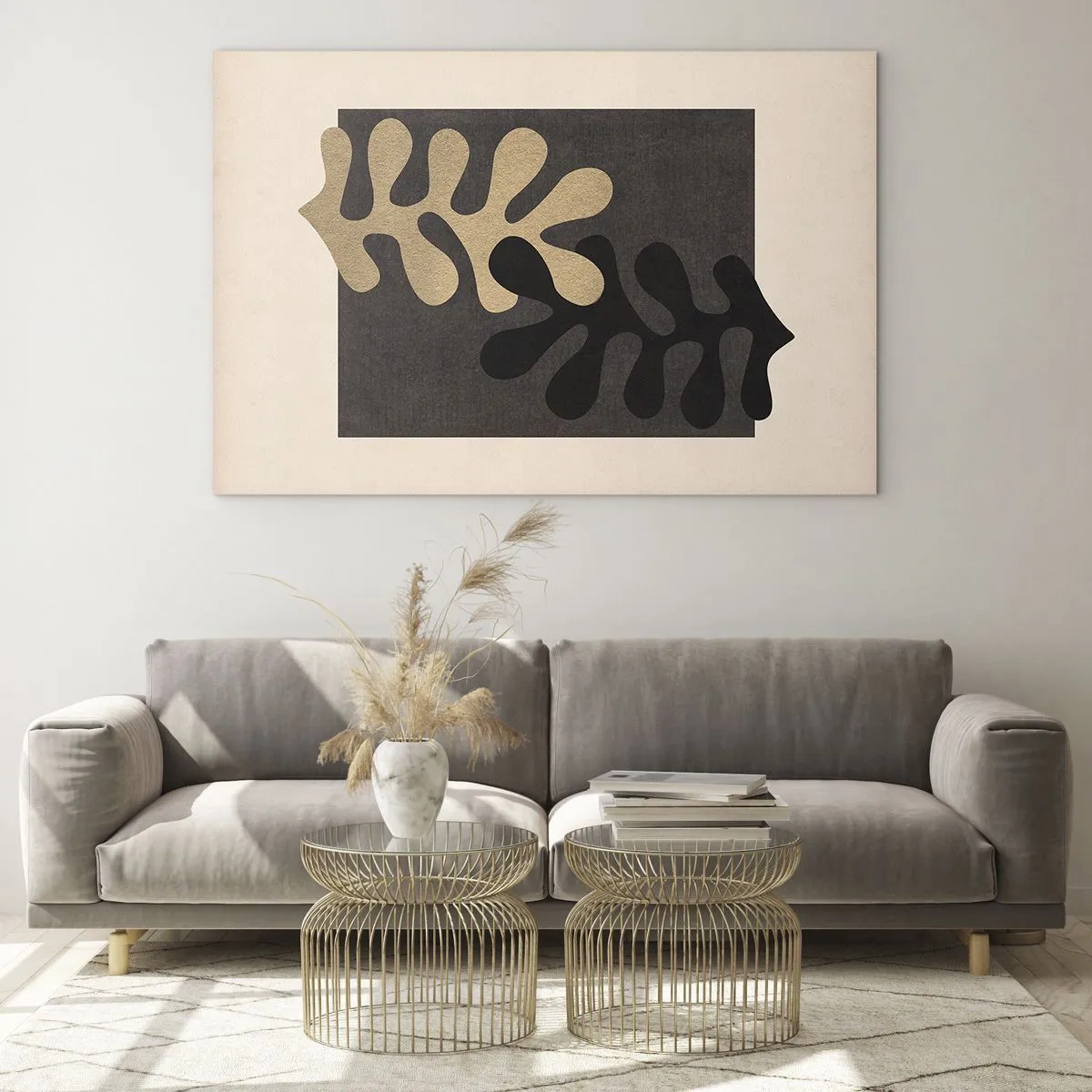 Glasbild - Bild auf glas - Abstrakte Formen in Schwarz und Beige auf geometrischem Hintergrund - 100x70cm - Abwesenheit und Ergänzung - Moderne Wanddekoration für Wohnzimmer und Schlafzimmer ARTTOR