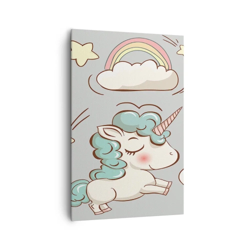 Bild auf Leinwand - Leinwandbild - Niedliche Einhörner auf pastellfarbenem Hintergrund - 80x120cm - Sicherlich gibt es... - Moderne Wanddekoration für Wohnzimmer und Schlafzimmer ARTTOR