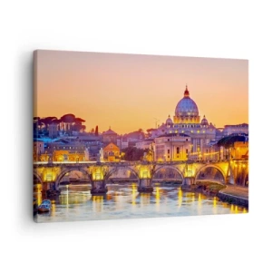 Bild auf Leinwand - Leinwandbild - Panorama des Vatikans bei Sonnenuntergang mit einer Brücke über den Fluss - 70x50cm - Sonnenuntergang über der ewigen Stadt - Moderne Wanddekoration für Wohnzimmer und Schlafzimmer ARTTOR