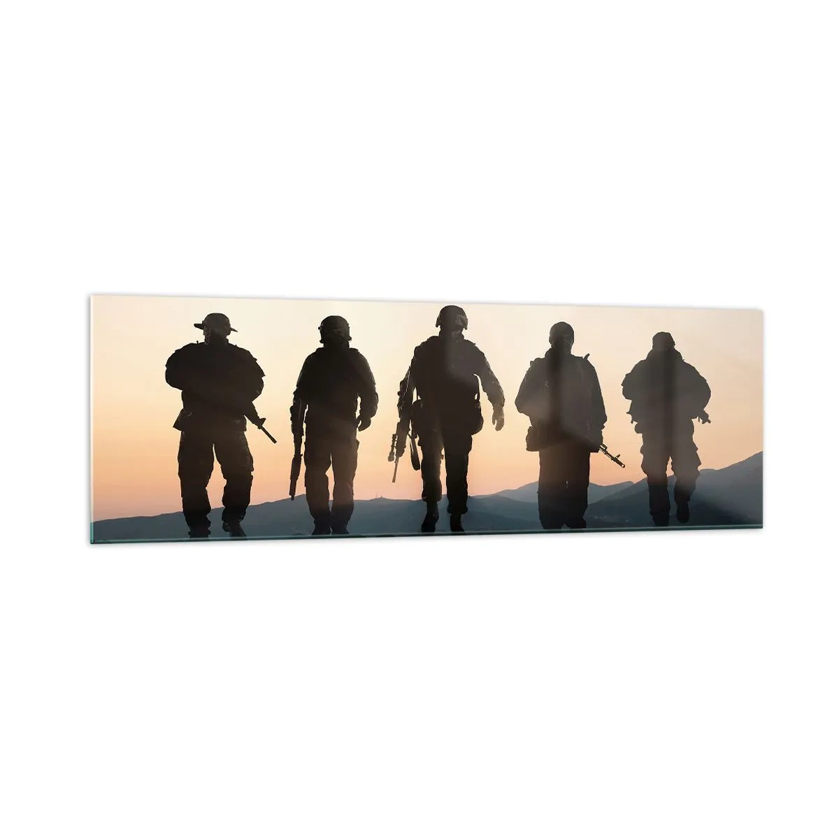 Glasbild - Bild auf glas - Silhouetten von Soldaten und Kampfjets vor dem Hintergrund des Sonnenuntergangs - 160x50cm - Willkommen in unserer Welt - Moderne Wanddekoration für Wohnzimmer und Schlafzimmer ARTTOR