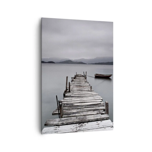 Bild auf Leinwand - Leinwandbild - Eine Holzbrücke, die zur ruhigen Oberfläche des Sees führt - 70x100cm - Du kannst morgen gehen - Moderne Wanddekoration für Wohnzimmer und Schlafzimmer ARTTOR