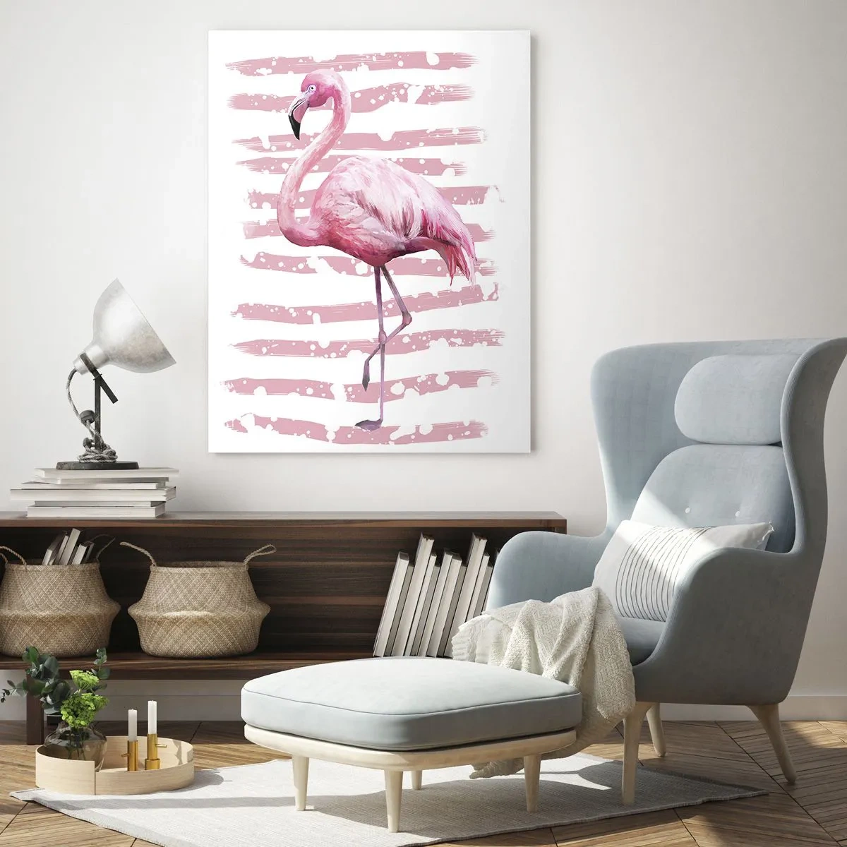 Glasbild - Bild auf glas - Ein rosa Flamingo vor einem Hintergrund aus künstlerischen rosa Streifen. - 50x70cm - In Würde, aber in Pink - Moderne Wanddekoration für Wohnzimmer und Schlafzimmer ARTTOR
