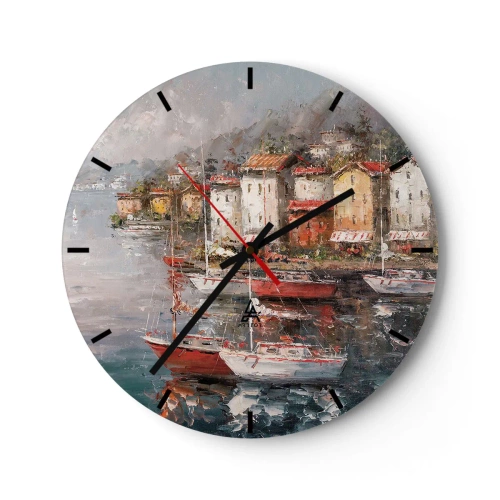 Wanduhr - Glasuhr - Ein malerischer Hafen mit Segelbooten und Küstengebäuden - 30x30cm - Romantische Oase - Moderne Wanddekoration für Wohnzimmer, Küche und Schlafzimmer ARTTOR