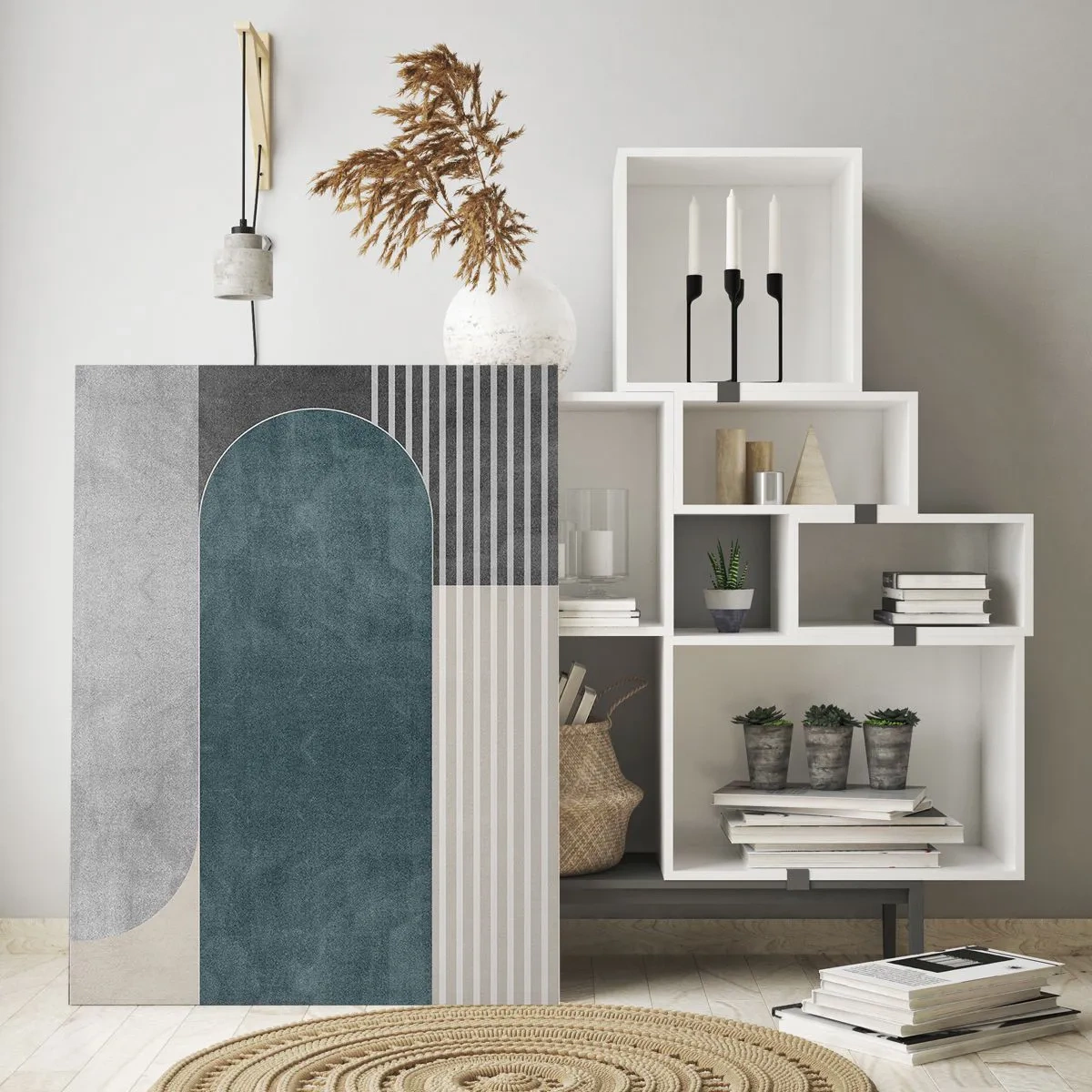 Glasbild - Bild auf glas - Geometrische Form in Grau-, Beige- und Grüntönen - 50x70cm - Komposition auf der Ebene - Moderne Wanddekoration für Wohnzimmer und Schlafzimmer ARTTOR