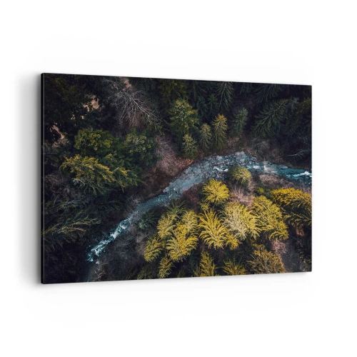 Bild auf Leinwand - Leinwandbild - Ein Blick von oben auf einen Wald mit einem gewundenen Fluss - 120x80cm - Schnell und immer schneller - Moderne Wanddekoration für Wohnzimmer und Schlafzimmer ARTTOR