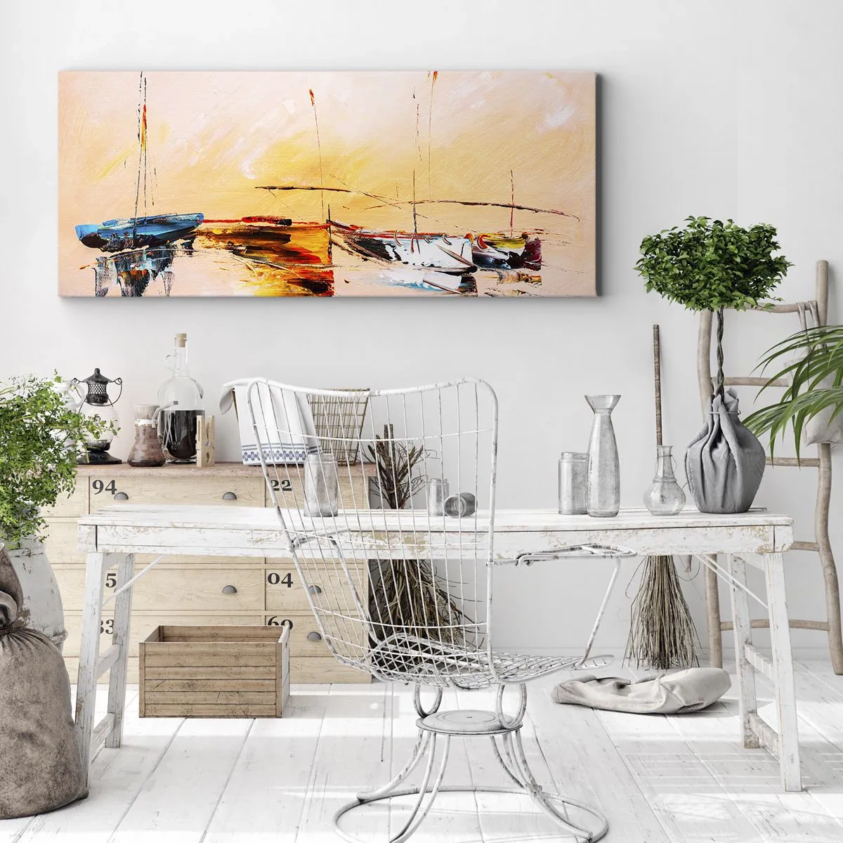 Bild auf Leinwand - Leinwandbild - Bunte Boote auf ruhigem Wasser bei Sonnenuntergang - 160x50cm - Abend im Yachthafen - Moderne Wanddekoration für Wohnzimmer und Schlafzimmer ARTTOR