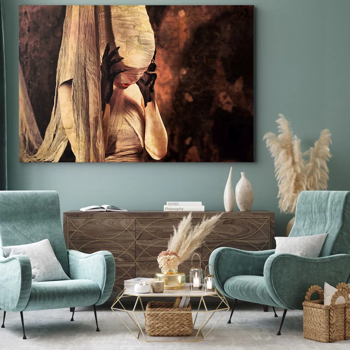 Bild auf Leinwand - Leinwandbild - Eine Frau mit Schleier und geheimnisvollem Styling vor dunklem Hintergrund - 70x50cm - Zwischen Gut und Böse - Moderne Wanddekoration für Wohnzimmer und Schlafzimmer ARTTOR