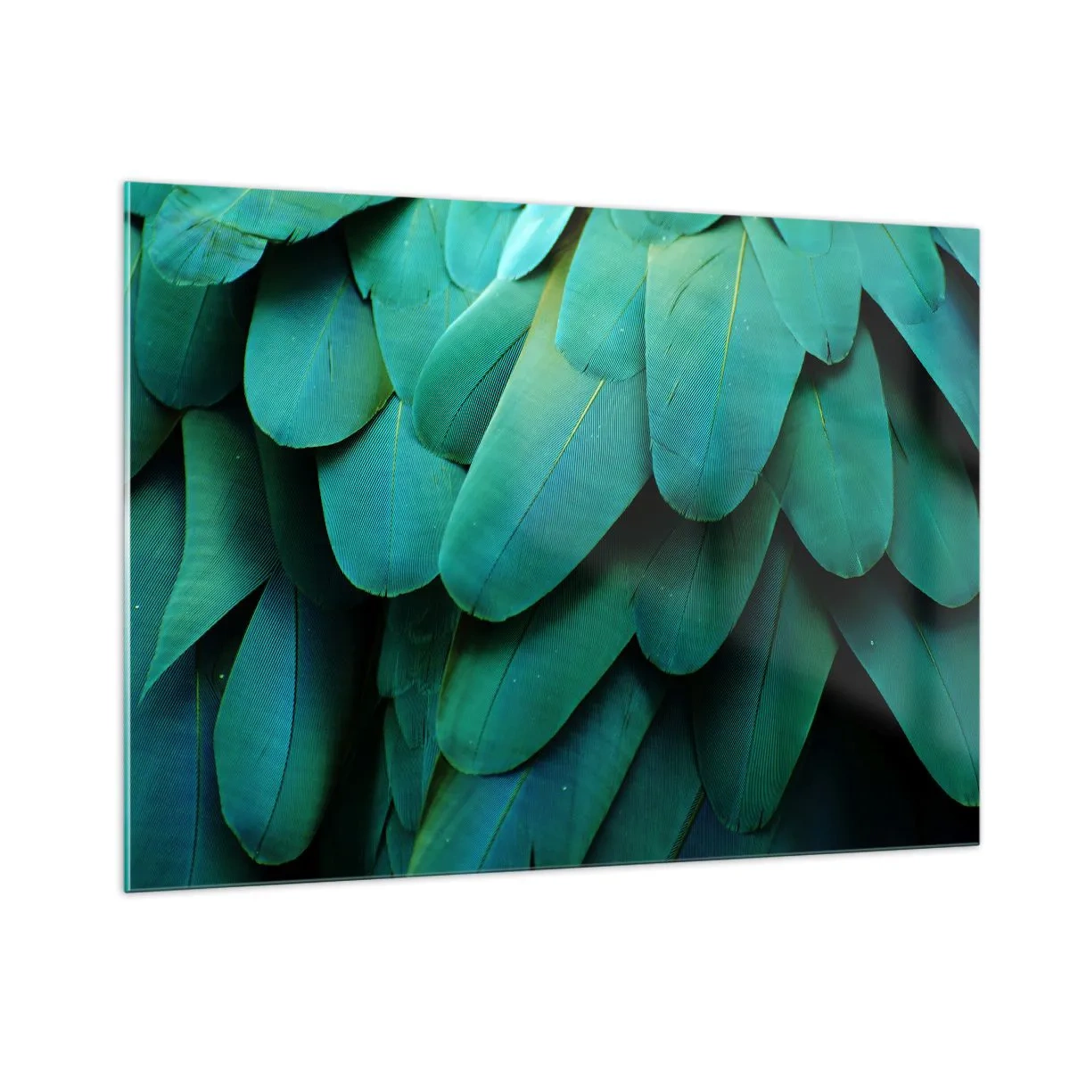 Glasbild - Bild auf glas - Eine Nahaufnahme der intensiv grünen Federn eines Papageis. - 100x70cm - Papageienartige Präzision - Moderne Wanddekoration für Wohnzimmer und Schlafzimmer ARTTOR