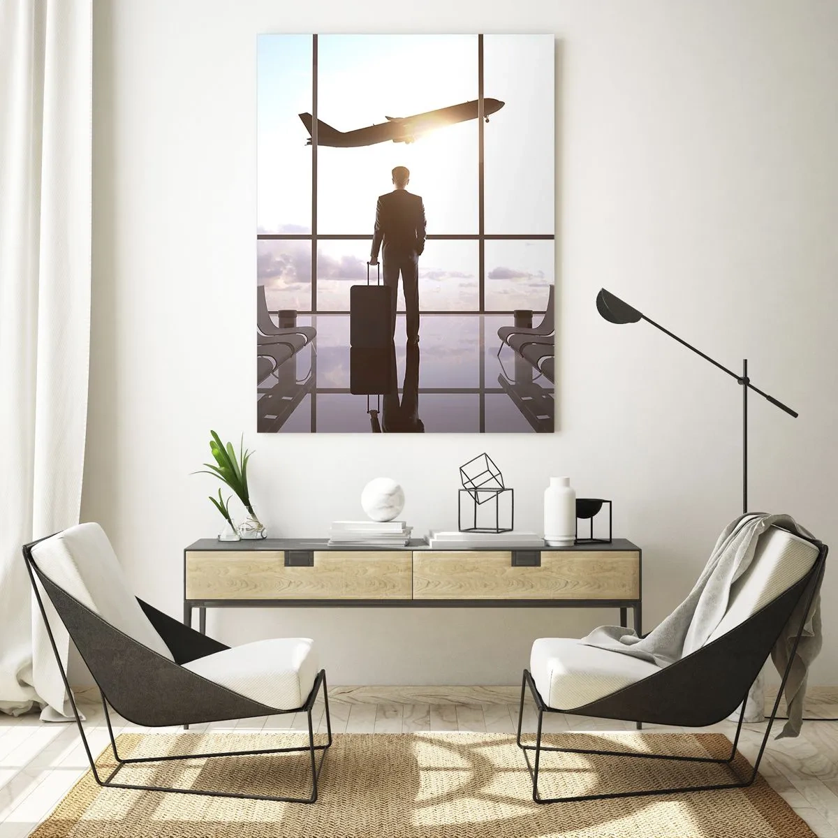 Glasbild - Bild auf glas - Geschäftsmann am Flughafen mit einem Flugzeug im Hintergrund - 70x100cm - Du hast Zeit, lass dir Zeit - Moderne Wanddekoration für Wohnzimmer und Schlafzimmer ARTTOR
