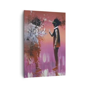 Bild auf Leinwand - Leinwandbild - Eine abstrakte Szene mit einer futuristischen Figur und verstreuten Elementen. - 70x100cm - Kannst du dich selbst anschauen? - Moderne Wanddekoration für Wohnzimmer und Schlafzimmer ARTTOR