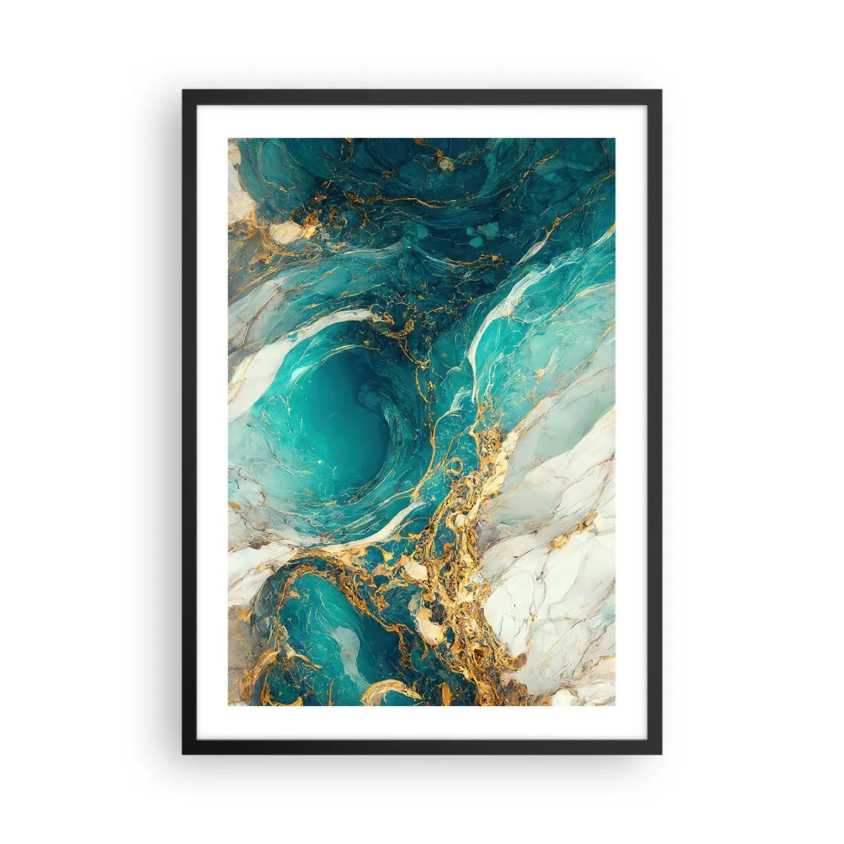 Poster in einem schwarzem Rahmen - Türkisfarbene Abstraktion mit goldenen Akzenten - 50x70cm - Komposition mit Goldadern - Moderne Wanddekoration für Wohnzimmer und Schlafzimmer ARTTOR