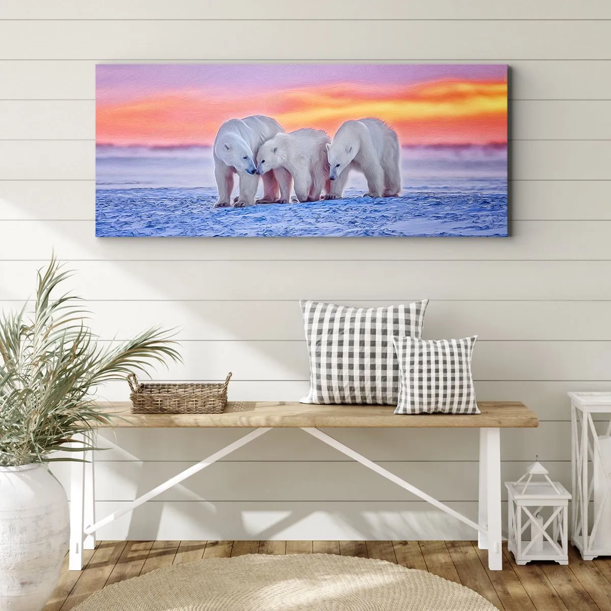 Bild auf Leinwand - Leinwandbild - Drei Eisbären vor dem Hintergrund eines arktischen Sonnenuntergangs - 140x50cm - Familienwärme ist genug - Moderne Wanddekoration für Wohnzimmer und Schlafzimmer ARTTOR