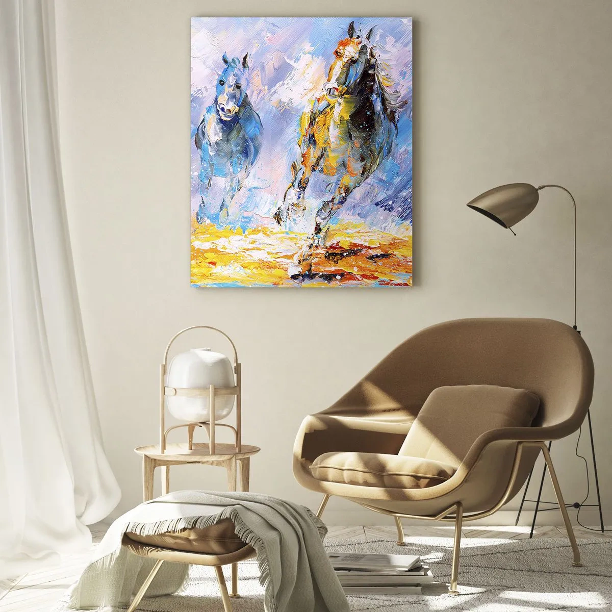 Glasbild - Bild auf glas - Zwei Pferde galoppieren im künstlerischen Stil durchs Wasser - 50x70cm - Galopp durch die Blendung - Moderne Wanddekoration für Wohnzimmer und Schlafzimmer ARTTOR