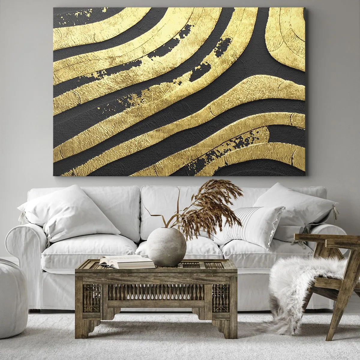 Bild auf Leinwand - Leinwandbild - Goldene abstrakte Wellen auf schwarzem Hintergrund - 70x50cm - Alles fließt - Moderne Wanddekoration für Wohnzimmer und Schlafzimmer ARTTOR