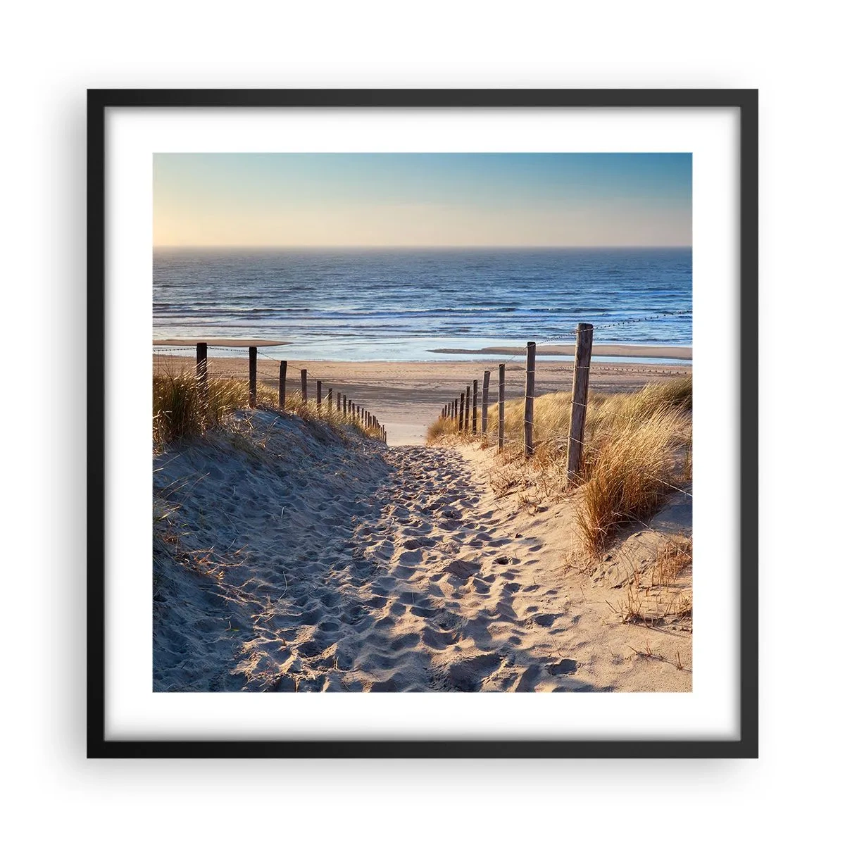 Poster in einem schwarzem Rahmen - Das Rauschen des Meeres, der Gesang der Vögel, ein wilder Strand im Gras ... - 50x50 cm