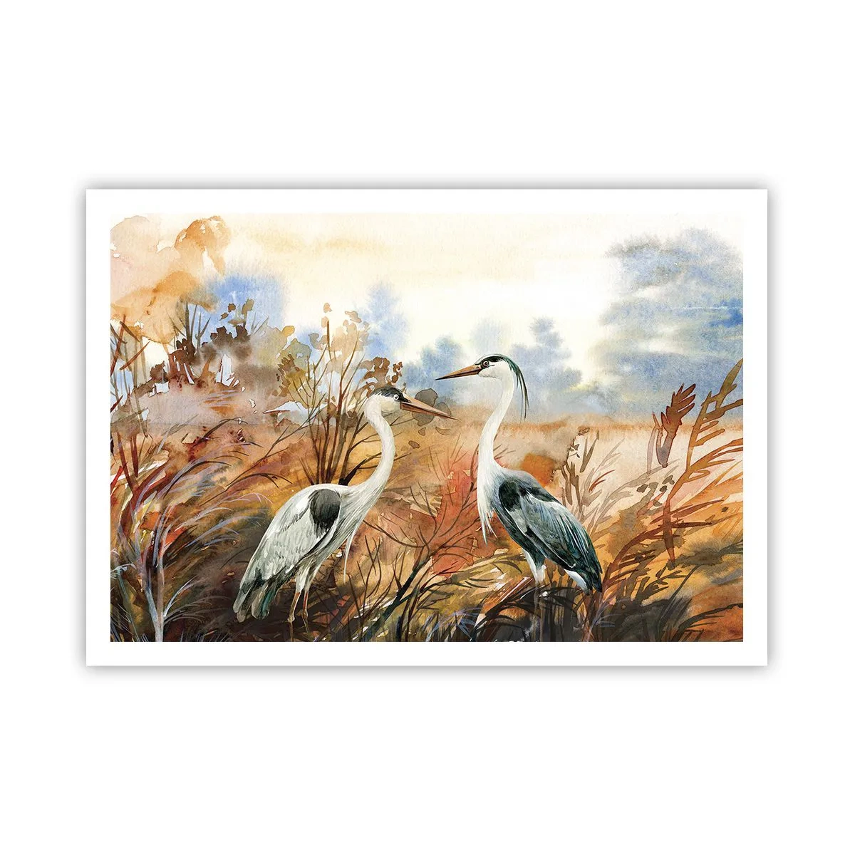 Poster - Zwei Reiher vor dem Hintergrund einer herbstlichen Landschaft - 100x70cm - Wohin im Herbst? - Moderne Wanddekoration für Wohnzimmer und Schlafzimmer ARTTOR