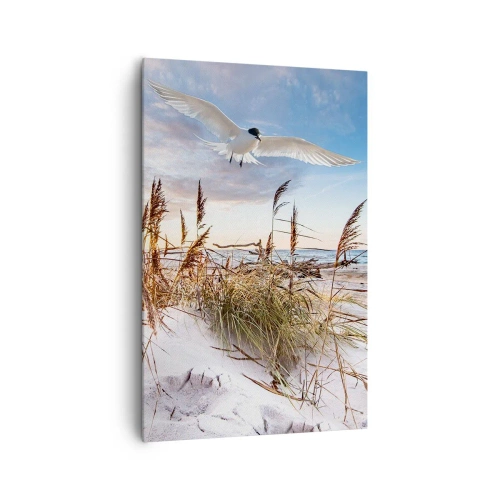 Bild auf Leinwand - Leinwandbild - Strand mit fliegenden Möwen bei Sonnenuntergang - 80x120cm - Wind vom Meer - Moderne Wanddekoration für Wohnzimmer und Schlafzimmer ARTTOR