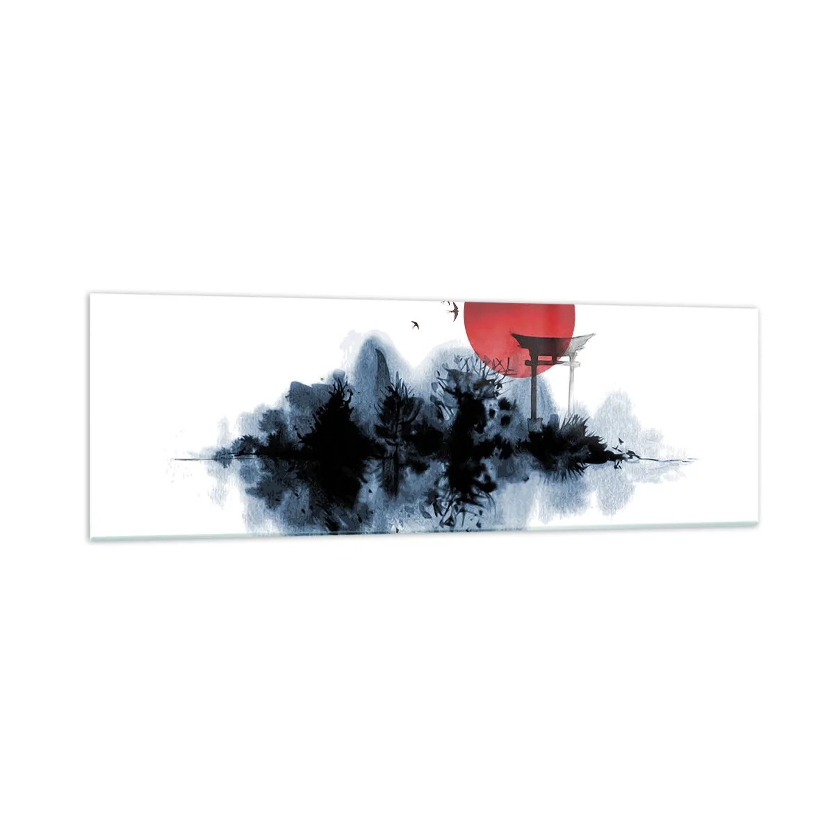 Glasbild - Bild auf glas - Rote Sonne über einer malerischen Landschaft mit Torii - 160x50cm - Japanische Sicht - Moderne Wanddekoration für Wohnzimmer und Schlafzimmer ARTTOR
