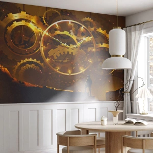 Fototapete Premium Sand - Goldene Uhrwerke mit einer Figur im Hintergrund im Steampunk-Stil - 100x70cm - An der Quelle der Zeit - Moderne Wanddekoration für Wohnzimmer und Schlafzimmer ARTTOR