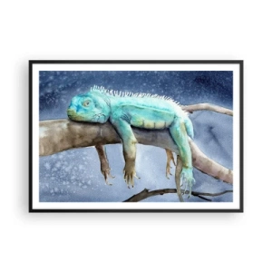 Poster in einem schwarzem Rahmen - Blauer Leguan ruht auf einem Ast - 100x70cm - Es ist gut! - Moderne Wanddekoration für Wohnzimmer und Schlafzimmer ARTTOR