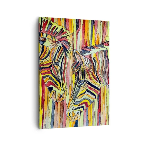 Bild auf Leinwand - Leinwandbild - Bunte Zebras vor einem Hintergrund aus abstrakten Streifen - 50x70cm - Also du auch... - Moderne Wanddekoration für Wohnzimmer und Schlafzimmer ARTTOR