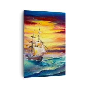 Bild auf Leinwand - Leinwandbild - Ein Segelschiff vor der Kulisse eines farbenfrohen Sonnenuntergangs - 70x100cm - Tapfer unter den Wellen - Moderne Wanddekoration für Wohnzimmer und Schlafzimmer ARTTOR
