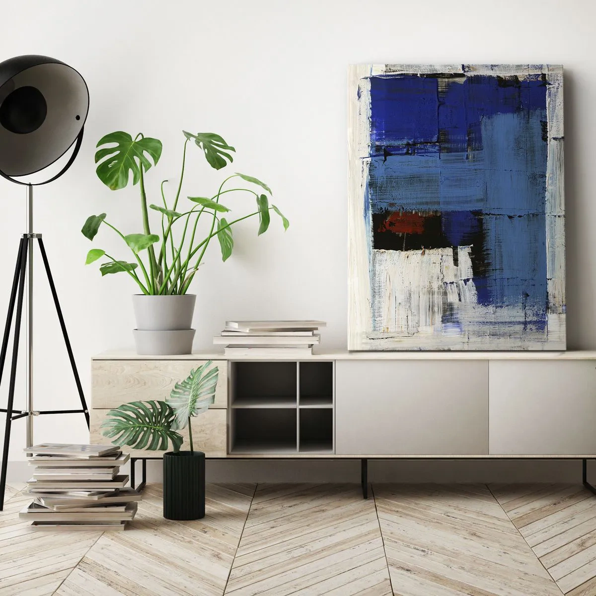 Bild auf Leinwand - Leinwandbild - Abstrakte Komposition in Blau- und Weißtönen - 50x70cm - Geheimnis ist blau - Moderne Wanddekoration für Wohnzimmer und Schlafzimmer ARTTOR