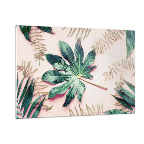 Glasbild - Bild auf glas - Tropische Blätter auf pastellfarbenem Hintergrund - 120x80cm - Eine Studie von Grün auf einem rosa Hintergrund - Moderne Wanddekoration für Wohnzimmer und Schlafzimmer ARTTOR