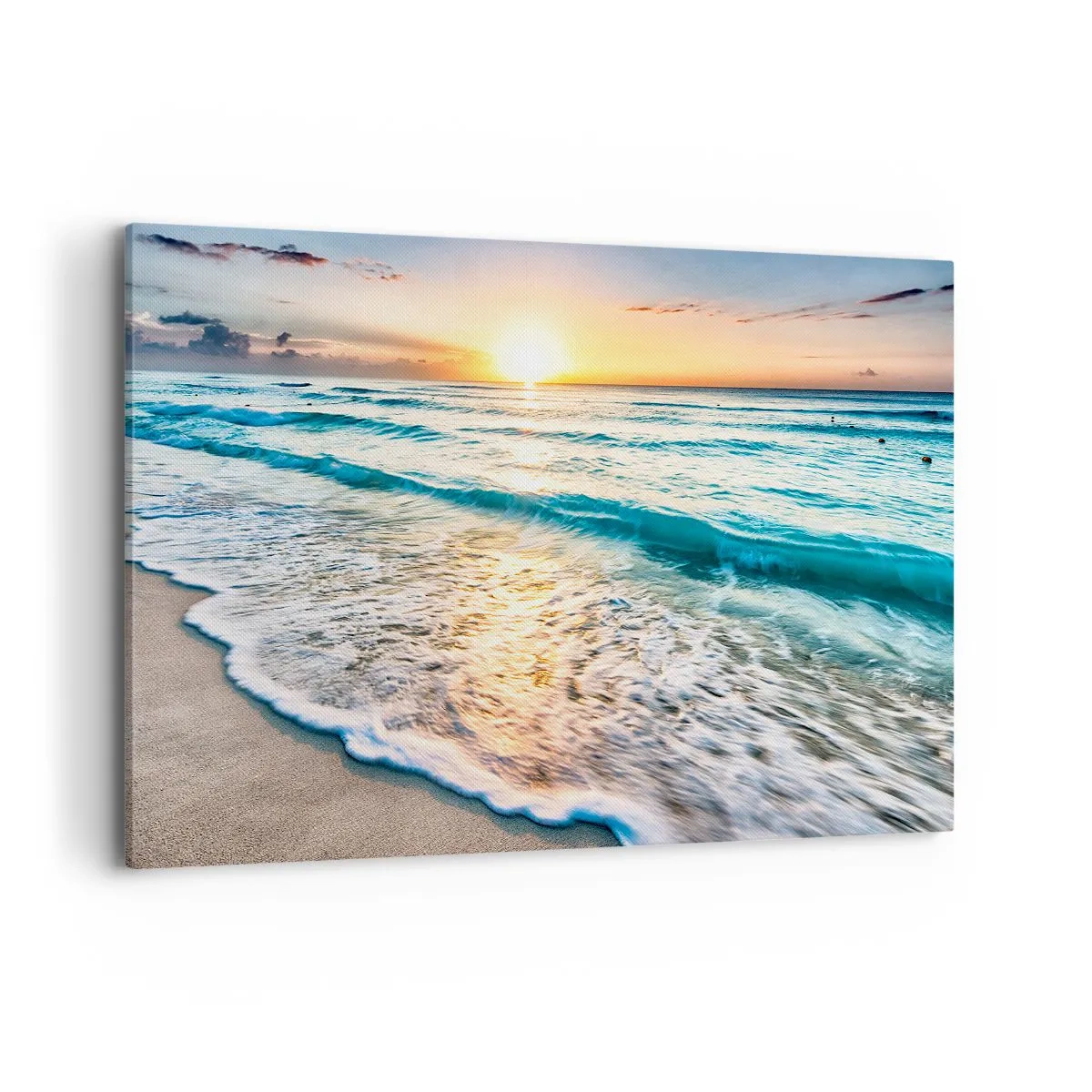Bild auf Leinwand - Leinwandbild - Sonnenaufgang über einem ruhigen Strand mit Wellen - 100x70cm - Ein Blick lohnt sich - Moderne Wanddekoration für Wohnzimmer und Schlafzimmer ARTTOR