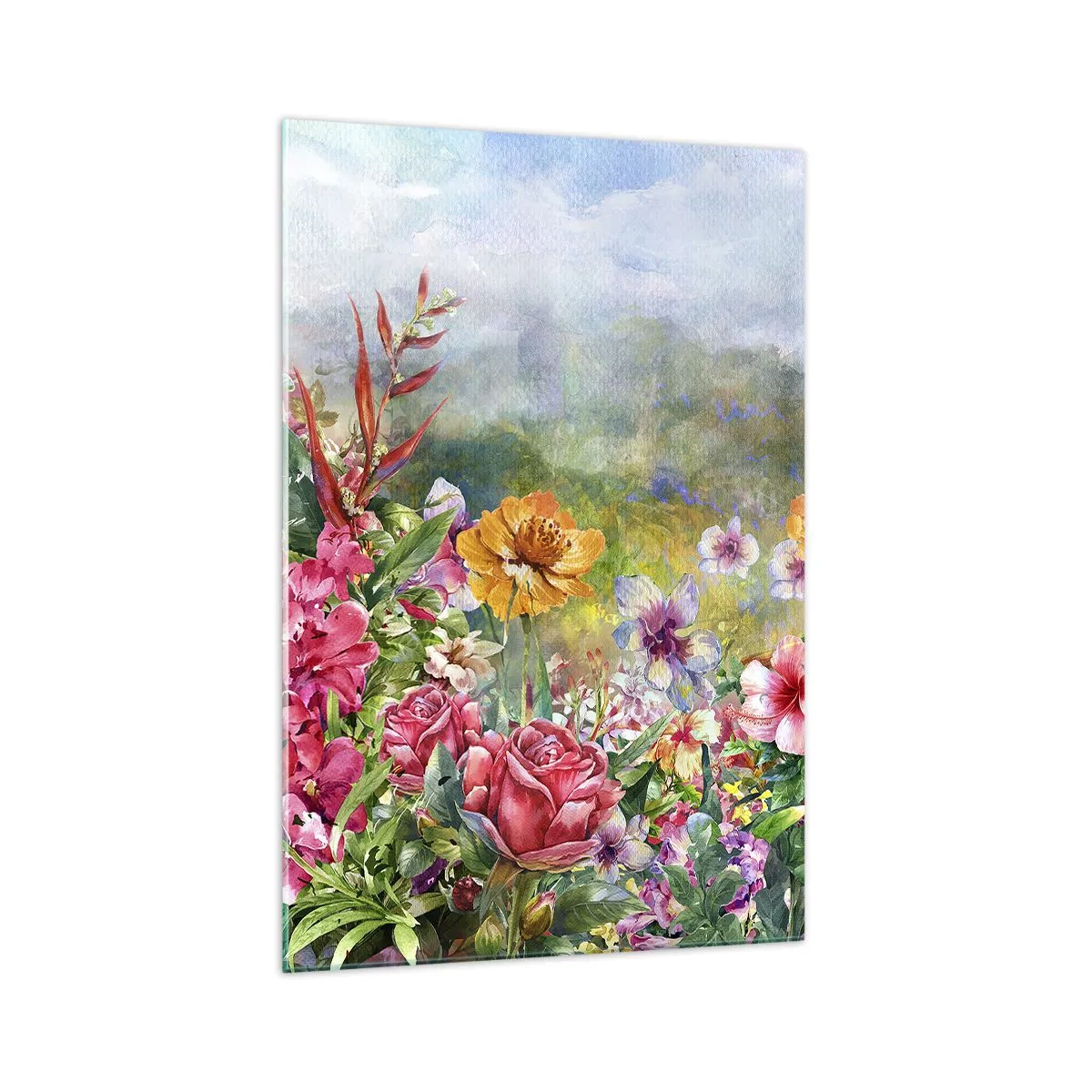 Glasbild - Bild auf glas - Eine farbenfrohe Blumenkomposition vor einem pastellfarbenen Landschaftshintergrund - 70x100cm - Ein Garten, der verrückt geworden ist - Moderne Wanddekoration für Wohnzimmer und Schlafzimmer ARTTOR