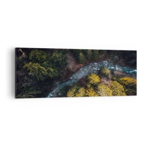 Bild auf Leinwand - Leinwandbild - Ein Blick von oben auf einen Wald mit einem gewundenen Fluss - 140x50cm - Schnell und immer schneller - Moderne Wanddekoration für Wohnzimmer und Schlafzimmer ARTTOR