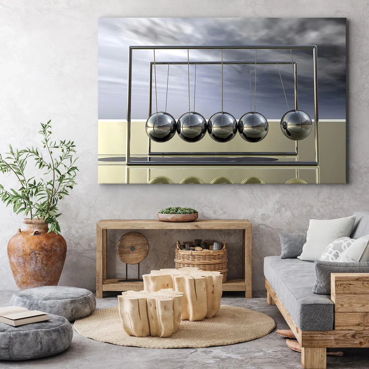 Bild auf Leinwand - Leinwandbild - Newtons Kugeln in minimalistischem Ambiente mit Lichtreflexen - 100x70cm - Die Energie der Welt - Moderne Wanddekoration für Wohnzimmer und Schlafzimmer ARTTOR